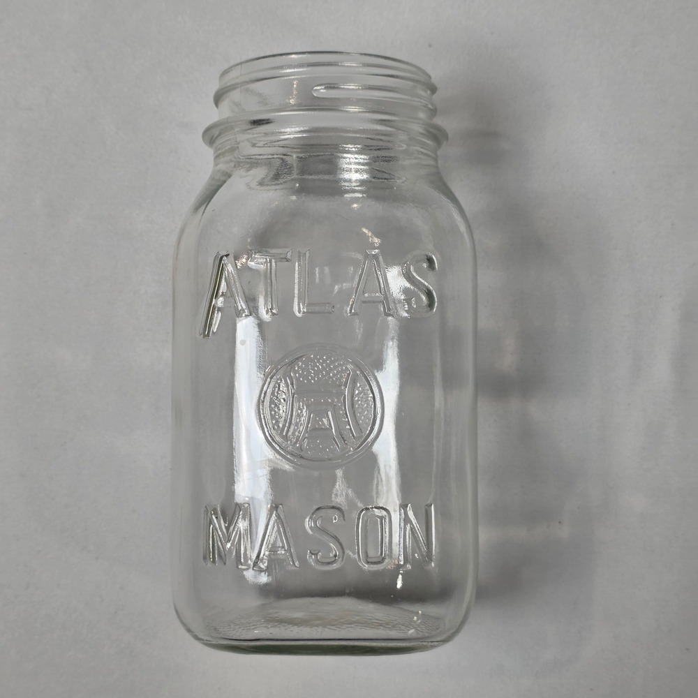 Atlas Mason Jar Clear Glass Vintage Pint Square Shoulder Embossed Logo